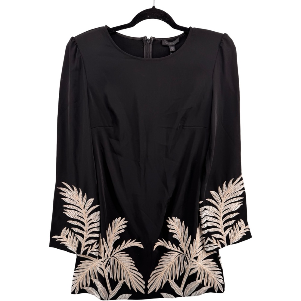 GUESS Eco Angele Foliage Mini Dress Black Embroidered Bell Sleeve Size L - Picture 3 of 15
